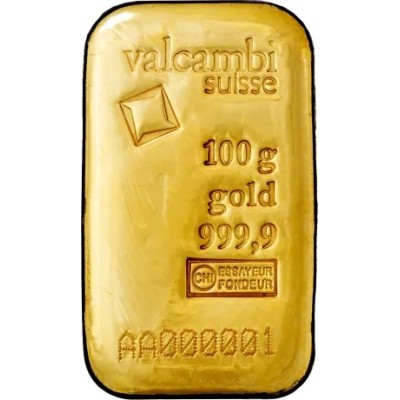 Valcambi 100g - Investeringsguldbarre (støbt/slået)